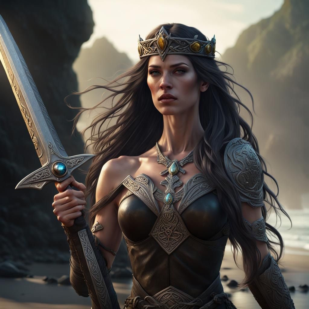 Victorious Celtic Princess with Sword on Beach
