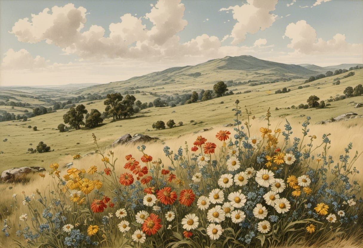 Vintage Landscape with Wildflowers and Foothills