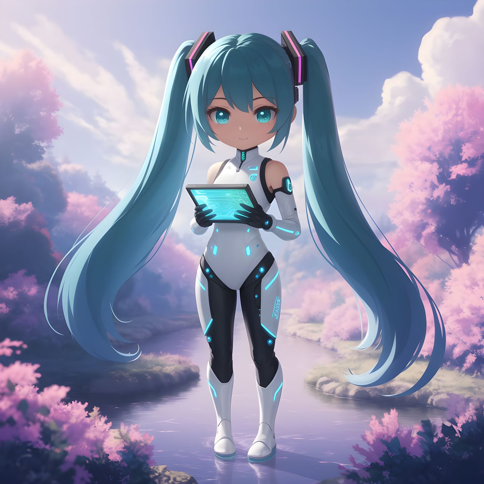 Chibi Miku in Enchanted Ghibli Landscape with Futuristic Tec...