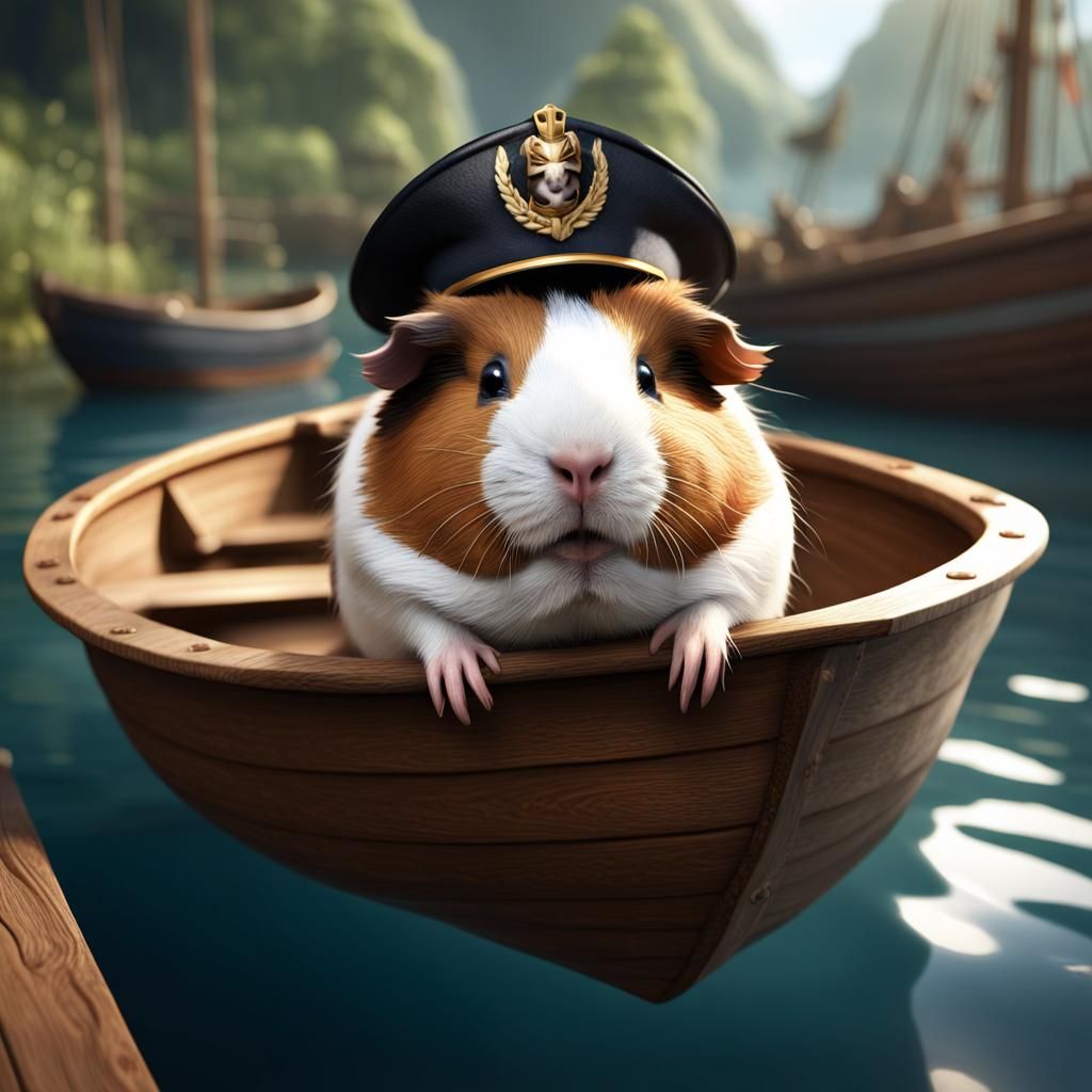 Guinea Pig Captain on a Boat, Detailed Matte Painting