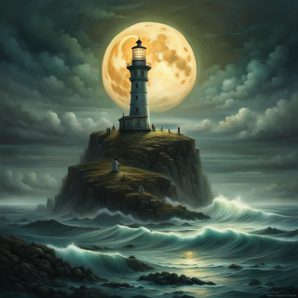 Fantasy Lighthouse Amidst Tumultuous Sea