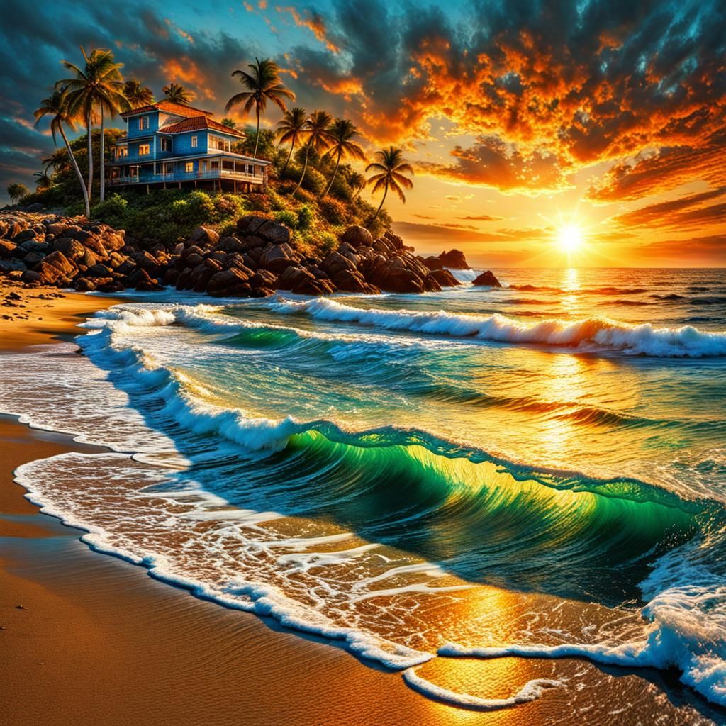 Bioluminescent Sunset on a Sparkling Island Beach