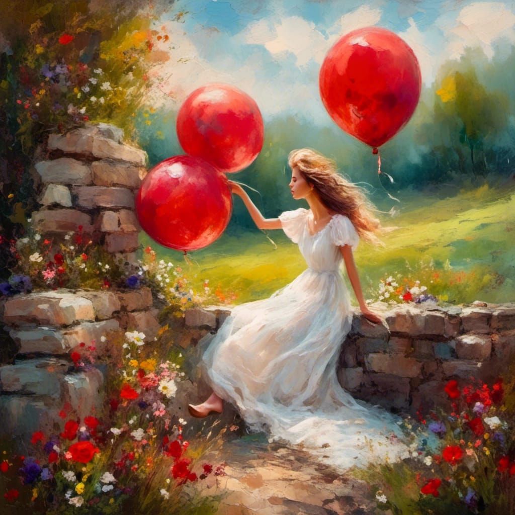 Woman with Red Balloon: Vibrant Oil Painting