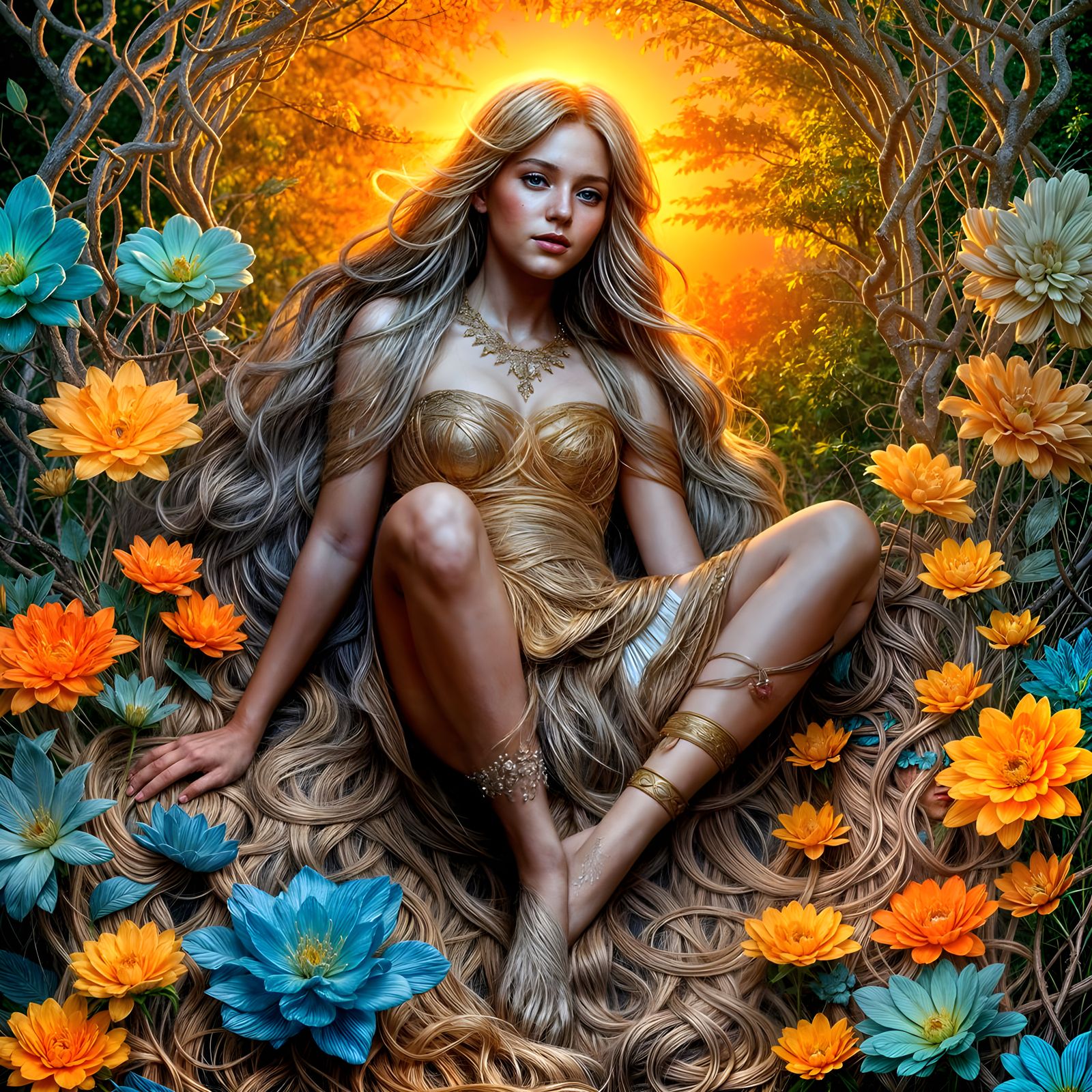 Dreamlike Woman with Flowing Hair in Ethereal Lighting