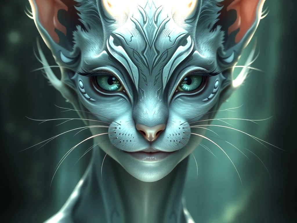 Ethereal Woman-Cat Hybrid in Luminous Green Hues