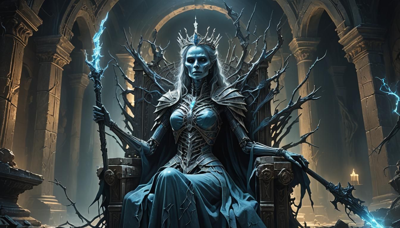 Eternal Queen in Decayed Throne Room: Digital Art