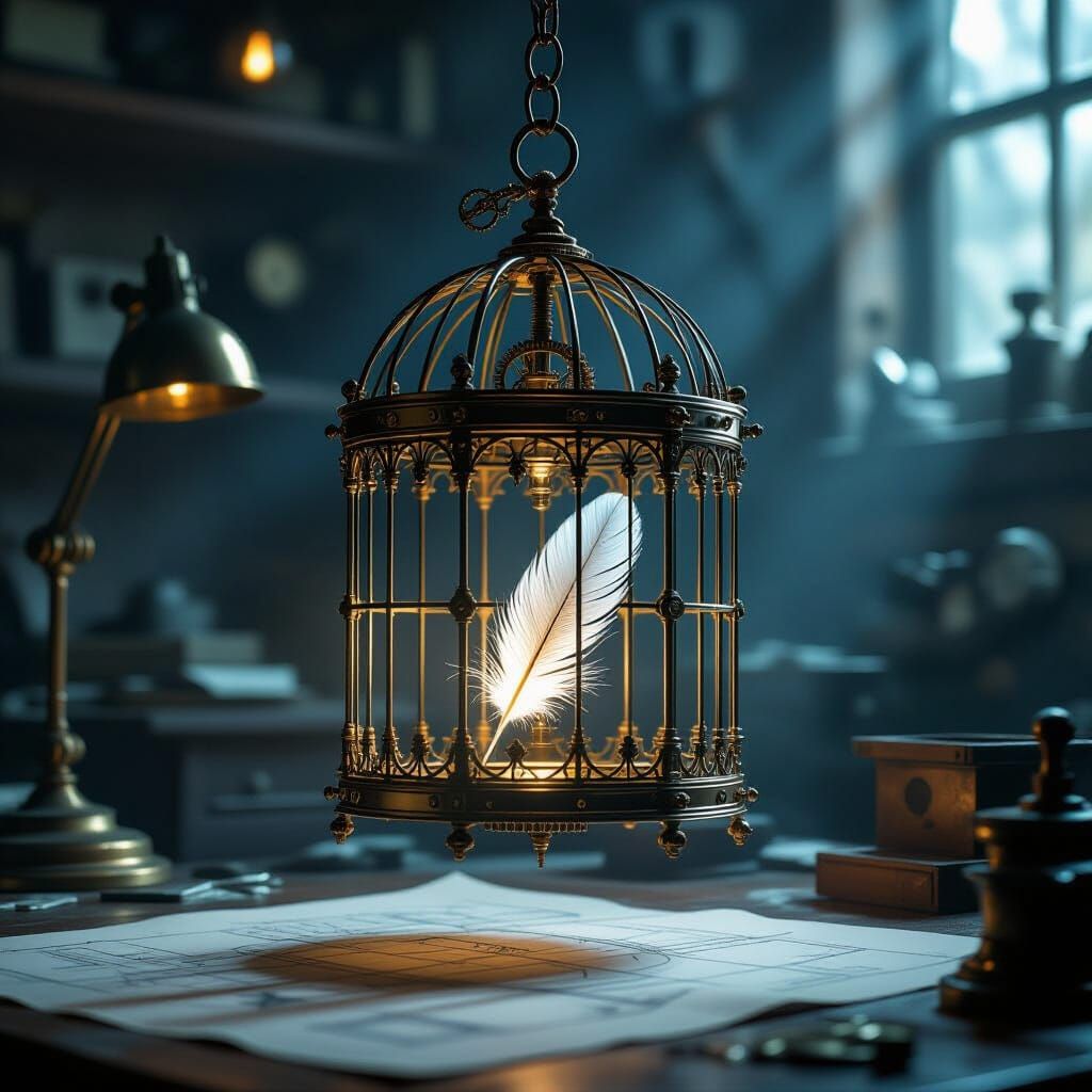 Steampunk Clockwork Birdcage in Dim Workshop