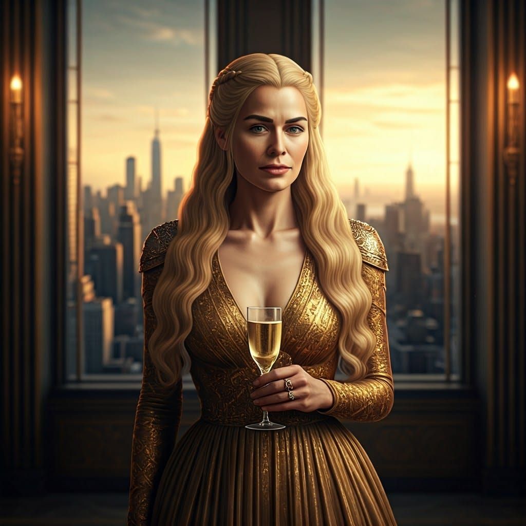 Regal Woman in Golden Evening Gown, New York City Skyline at...