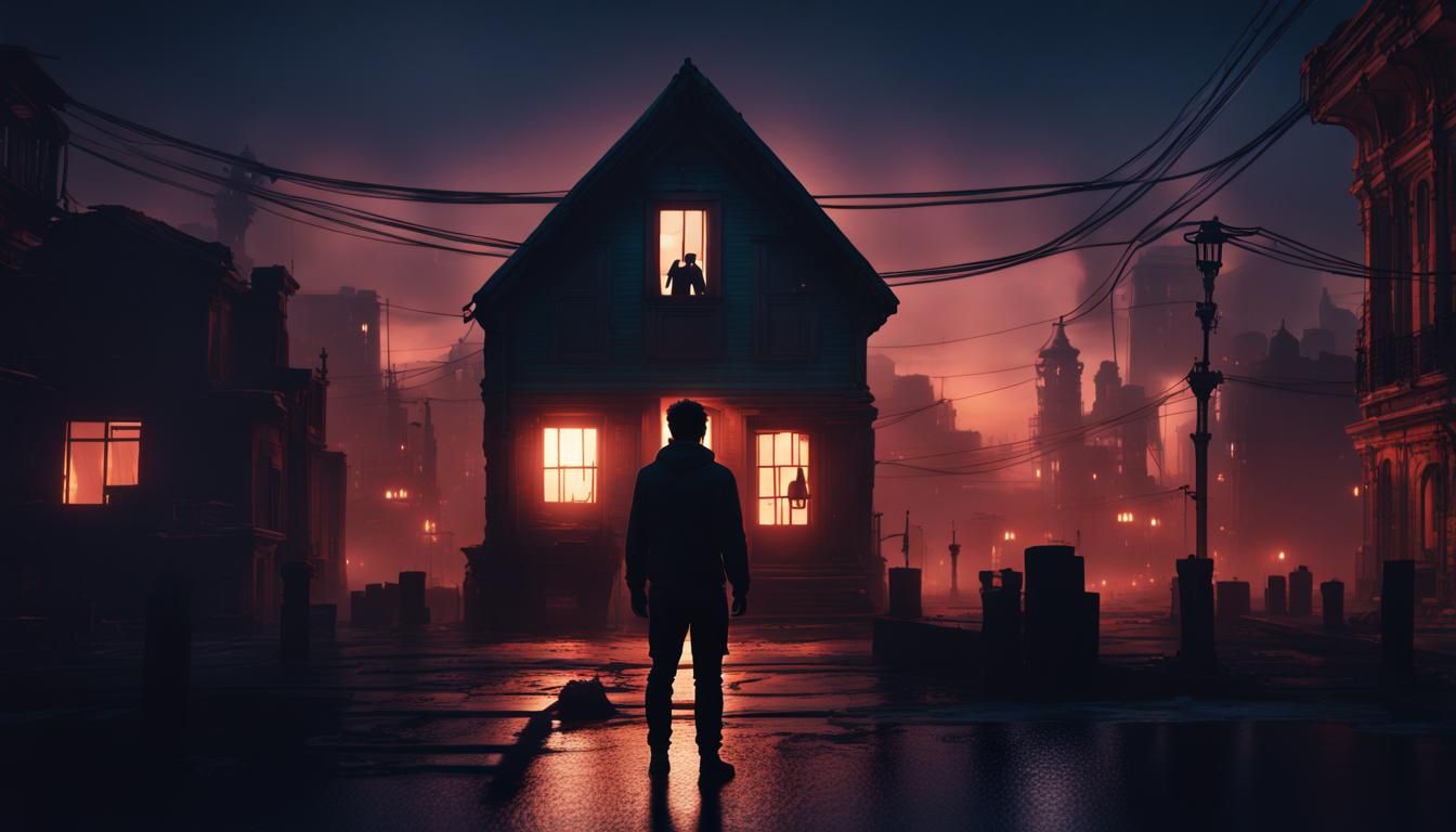 Silhouette Gazing at Downtown House at Night