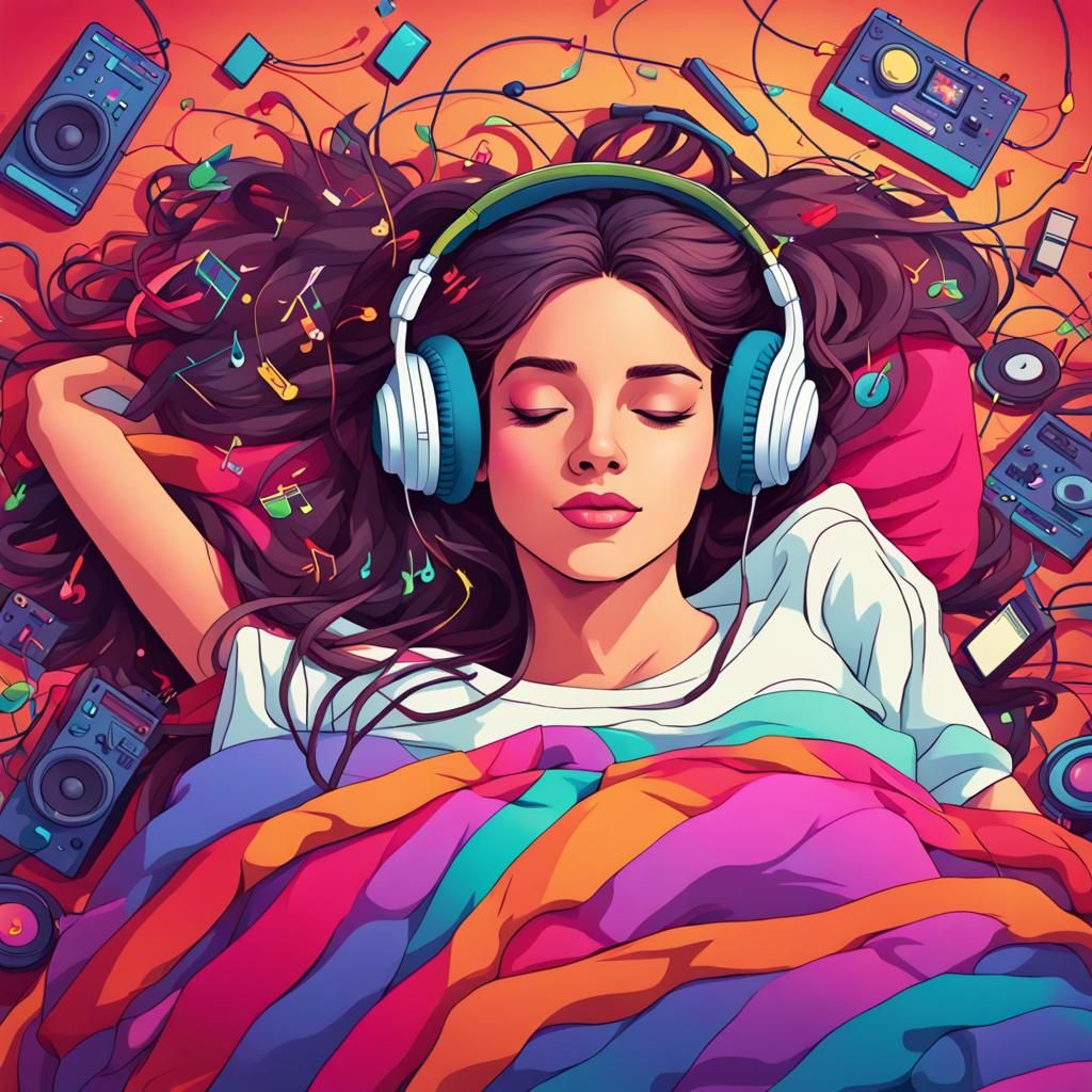Girl in Bed Listening to Music, Animated Style