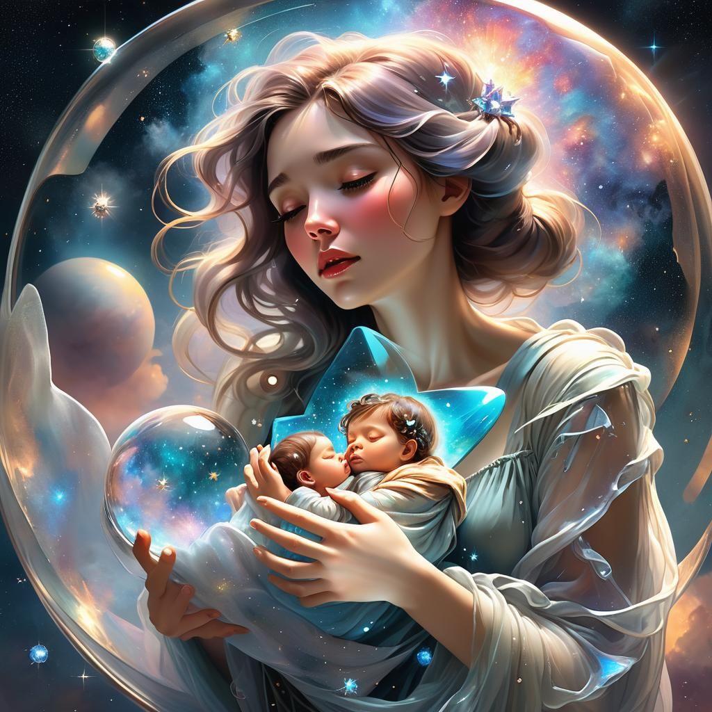 Glass Universe Woman with Nebula Heart, 3D Render