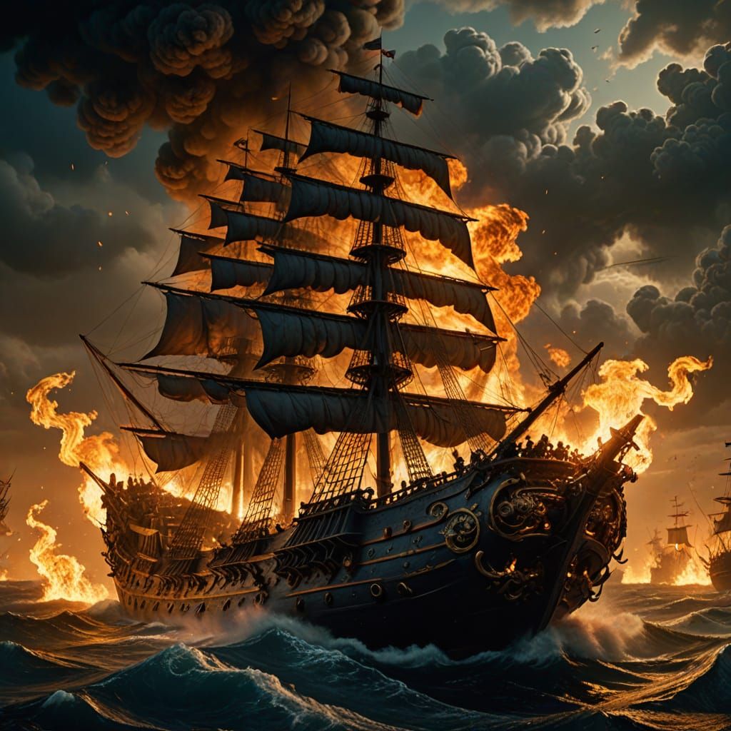 Dramatic Pirate Captain on Burning Ship in Epic Digital Pain...