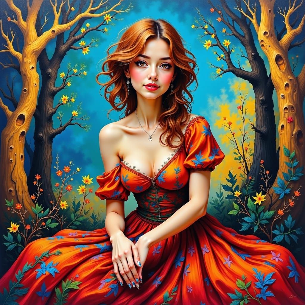 Lady in Forest: Vibrant Painted Dreamscape