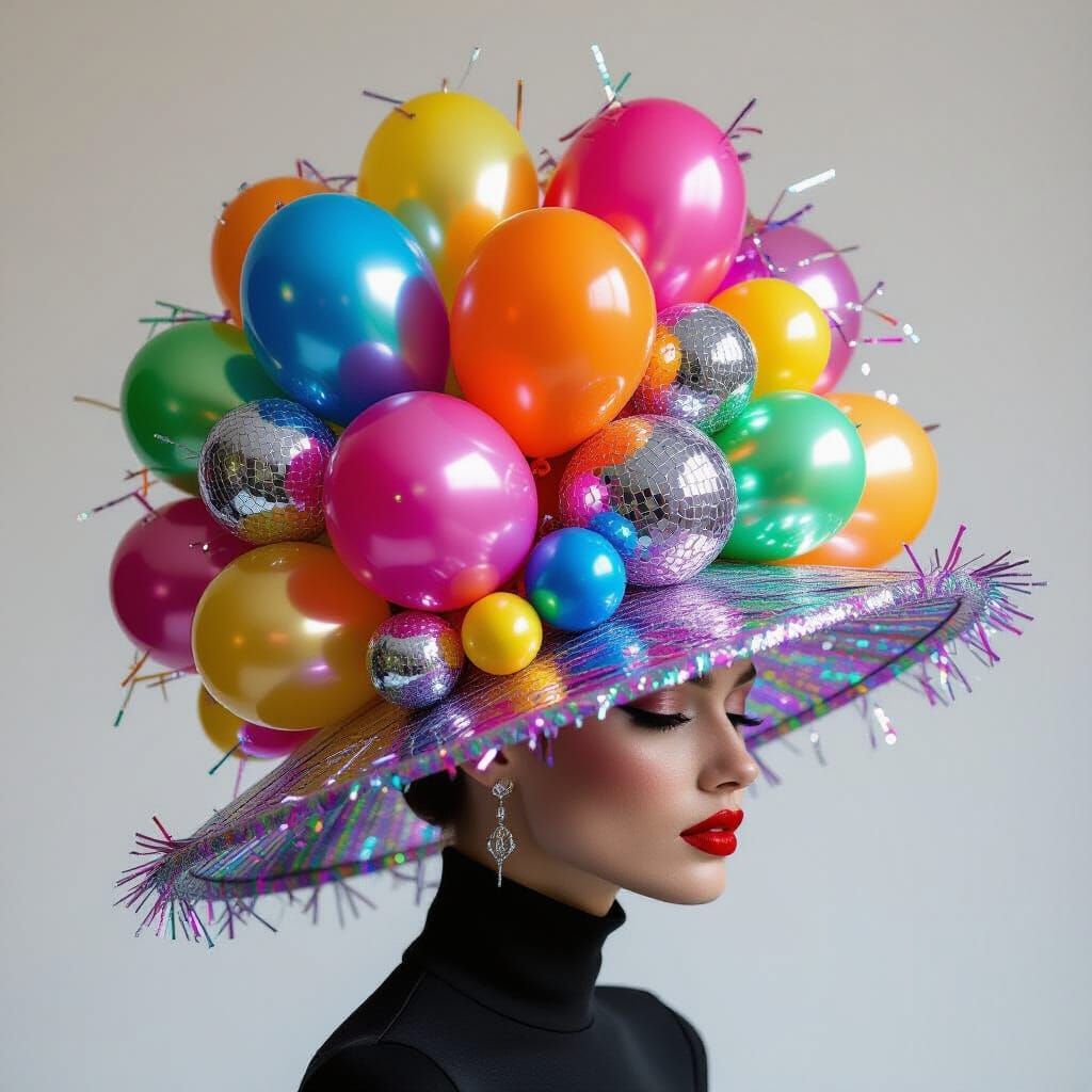 Whimsical Balloon and Tinsel Hat as Fantastical Fashion