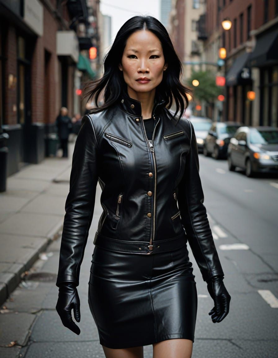 A full-body image of Lucy Liu, angry face, dressed in a stri...