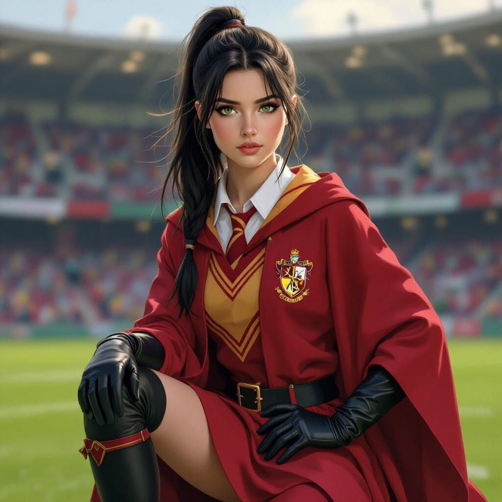 Girl in Quidditch Uniform on Pitch, in Digital Art Style
