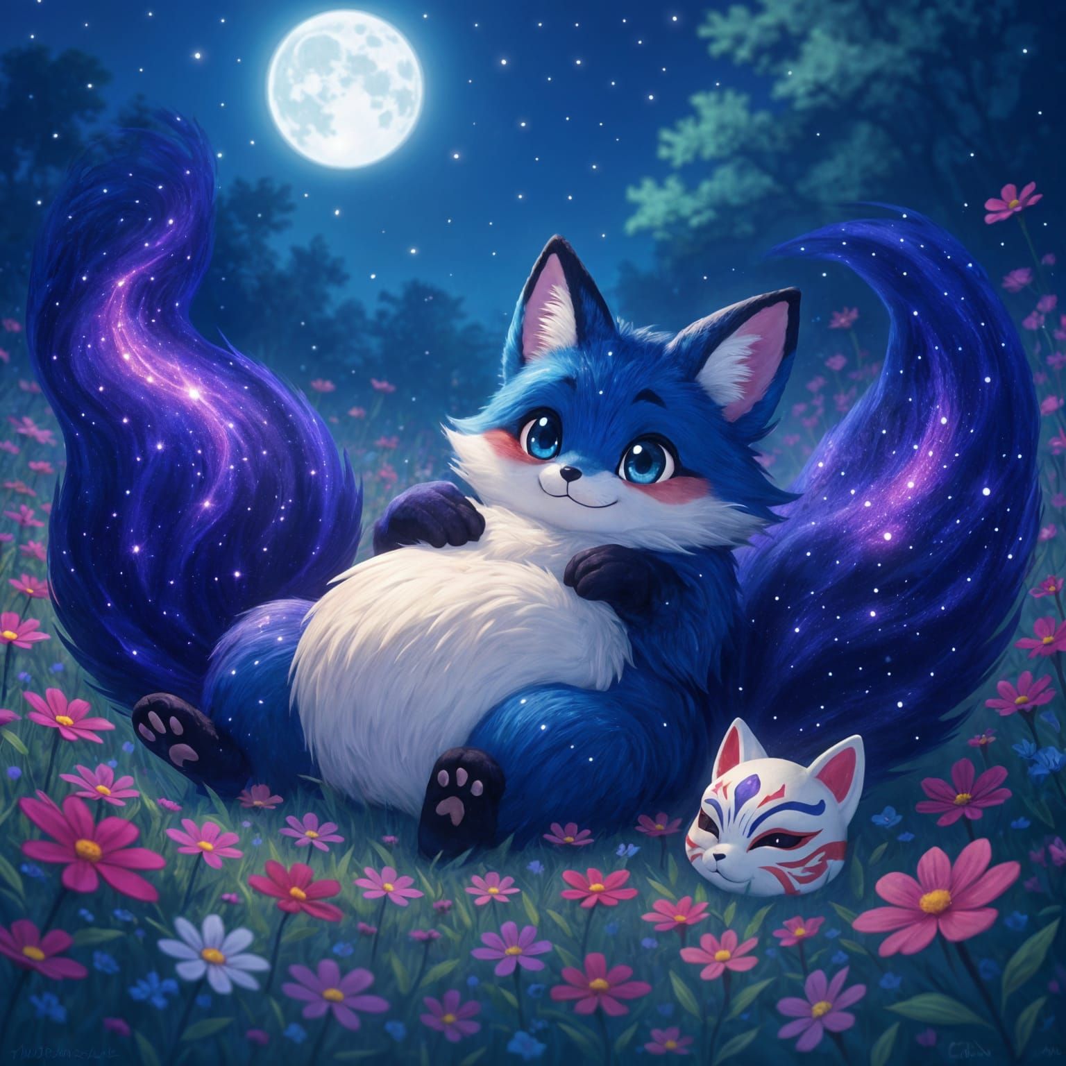 Cute Blue Fox in a Ghibli Garden