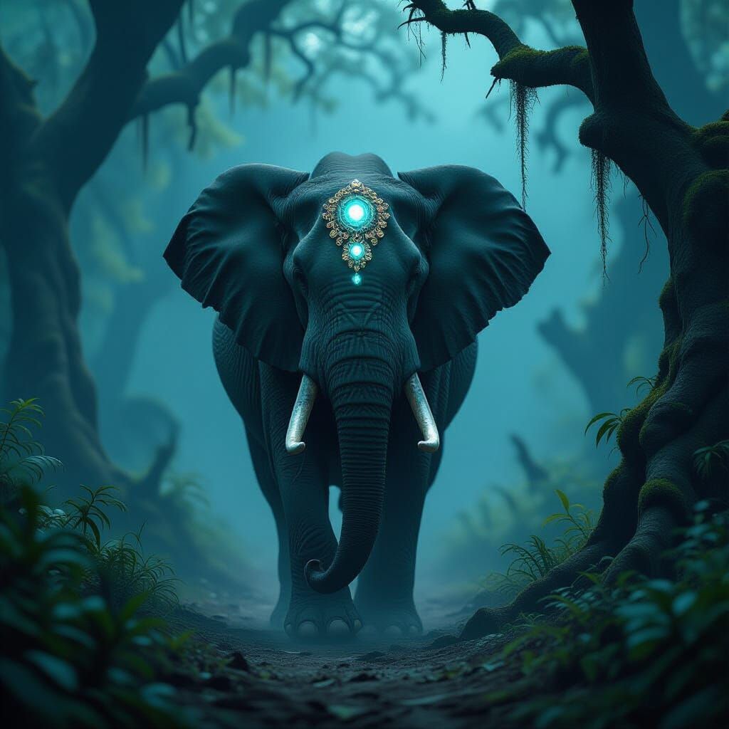 Majestic Elephant in Misty Forest Clearing with Fantasy Jewe...