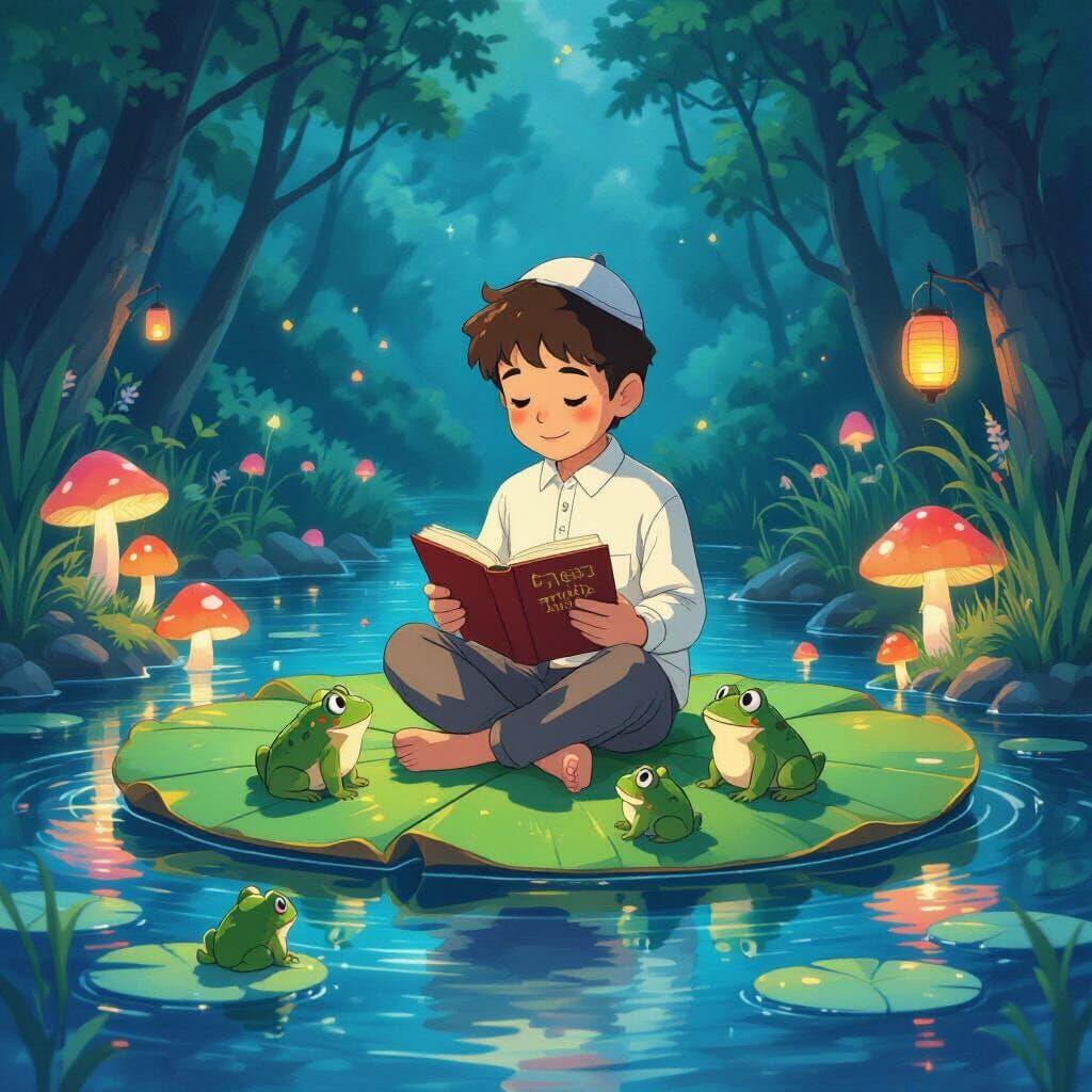 Boy Reads to Frogs in Pond Inspired by Studio Ghibli