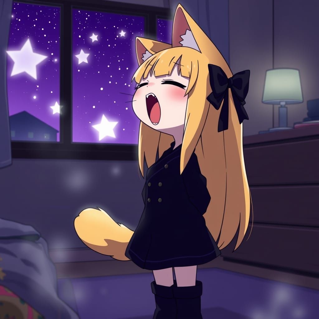 Cute Anime Catgirl Yawns in Dreamy Bedroom Scene