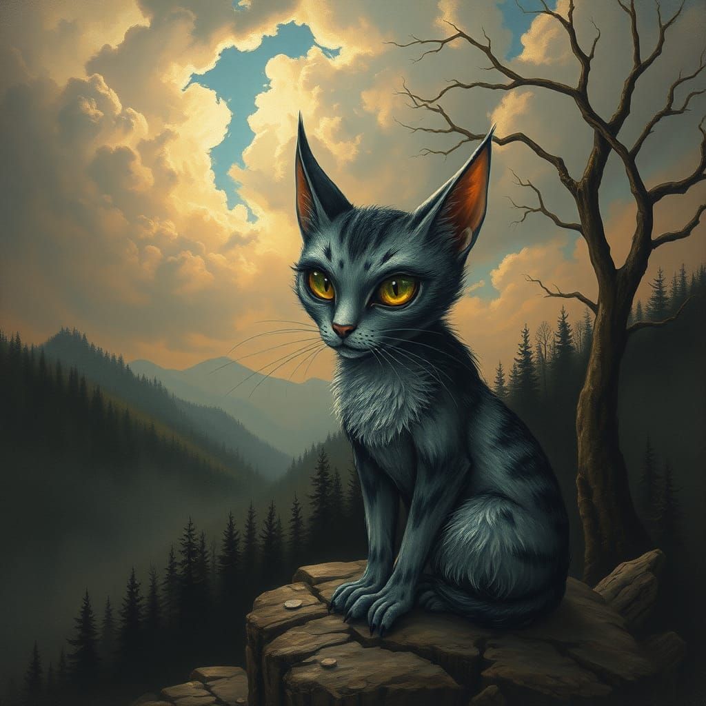 Mysterious Feline in Gothic Surrealist Landscape