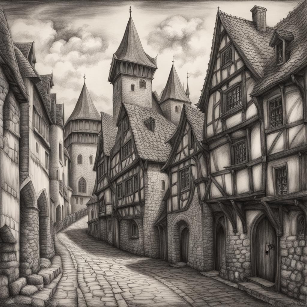 Hyperdetailed Charcoal Drawing of Medieval City in Summer