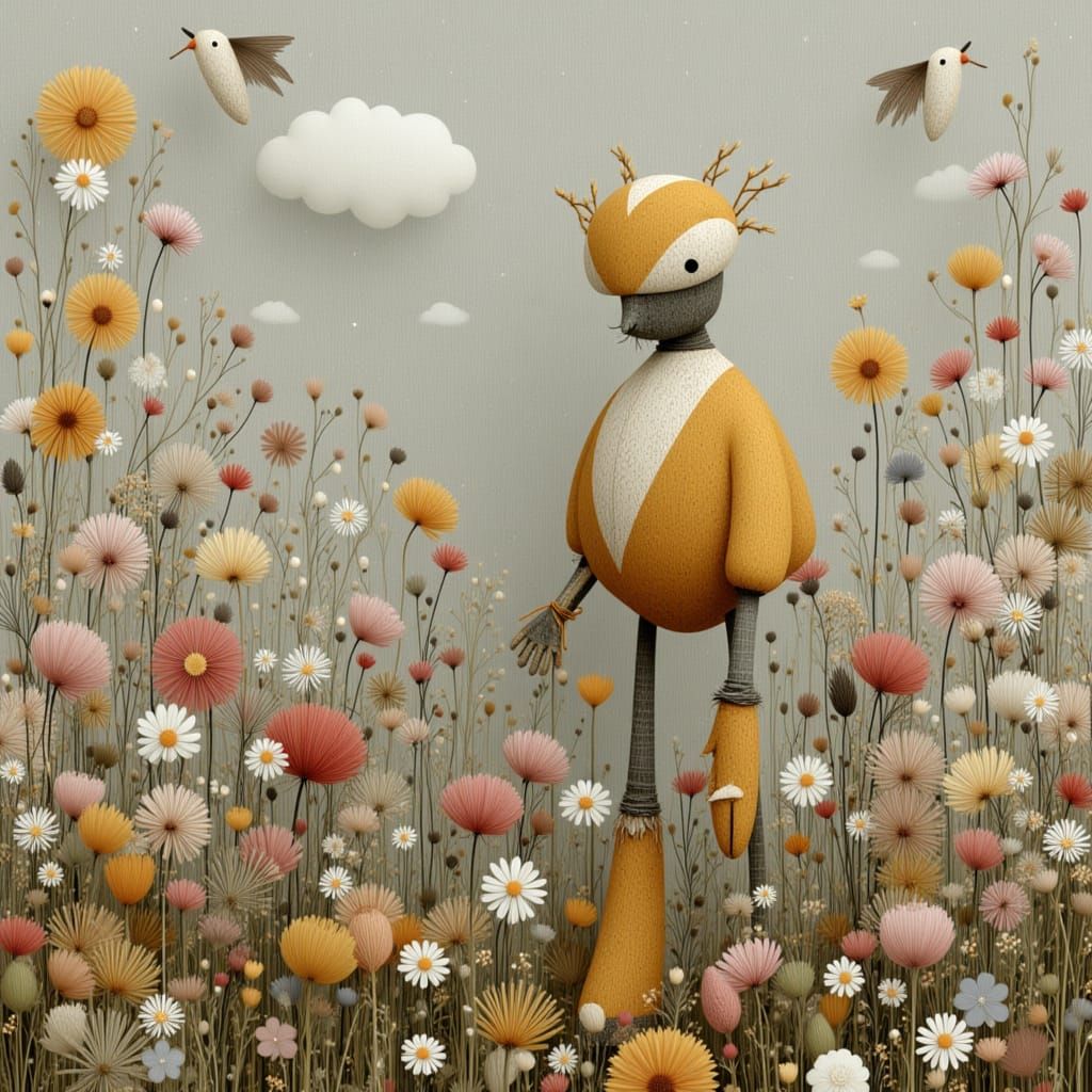 Cute Robots Play in Flower Garden