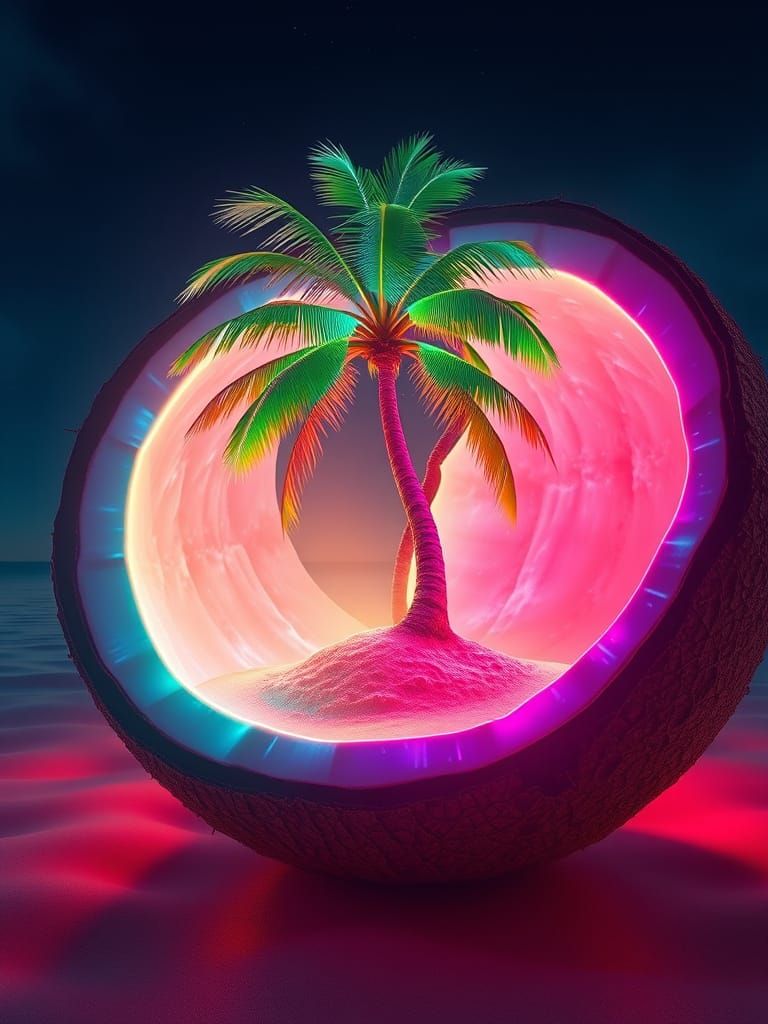 Surreal Tropical Oasis Unfolds from a Split Coconut