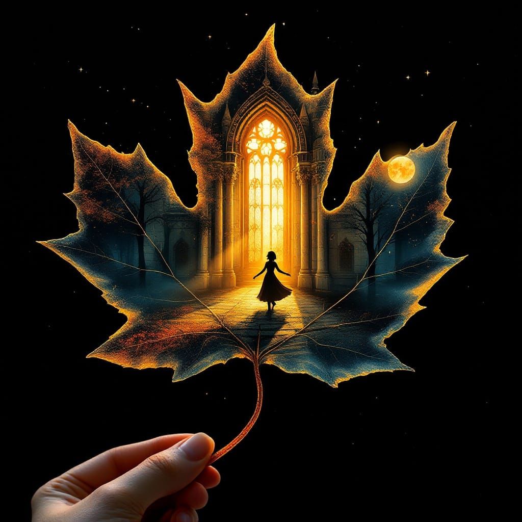 Whimsical Double Exposure of Maple Leaf in Grand Castle with...