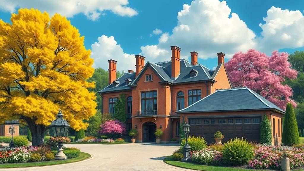 Grand Brick Chateau Surrounded by Vibrant Gardens