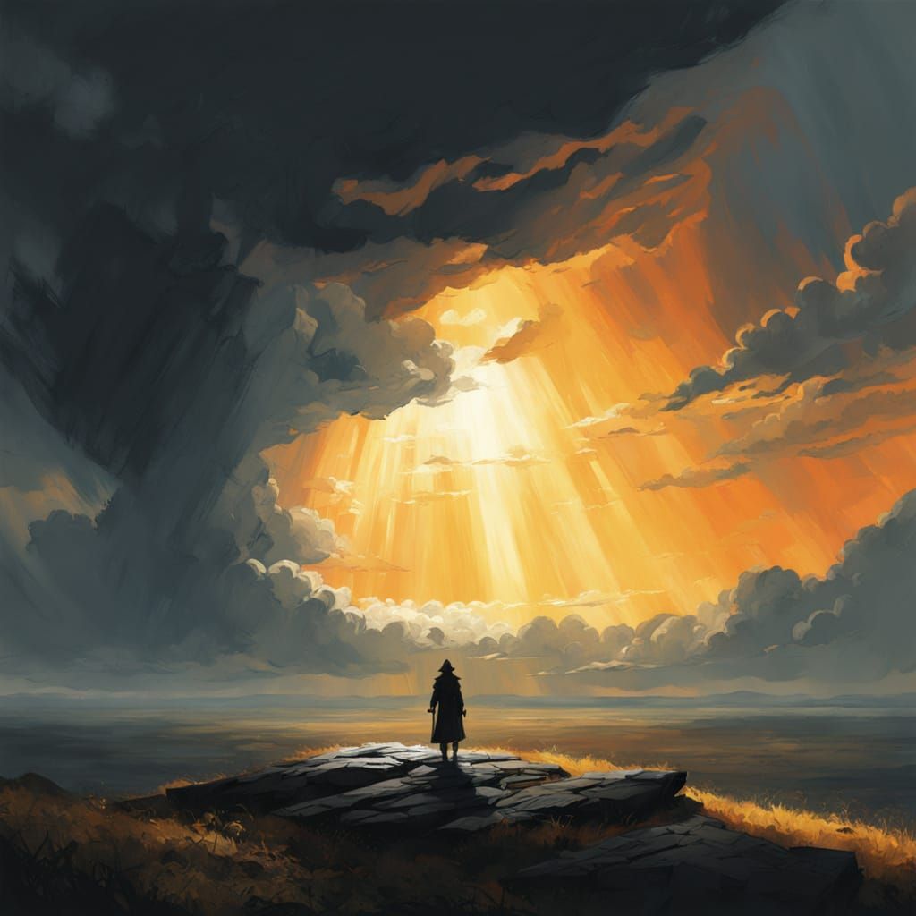 Lone Figure on Hill Under Dual Sky: Stormy Meets Sunny