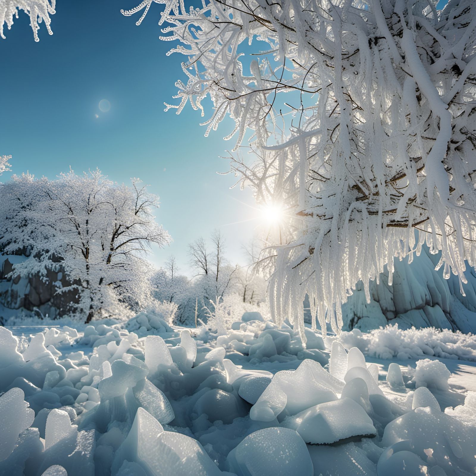 Icy Crystal City Landscape with Blue Sky