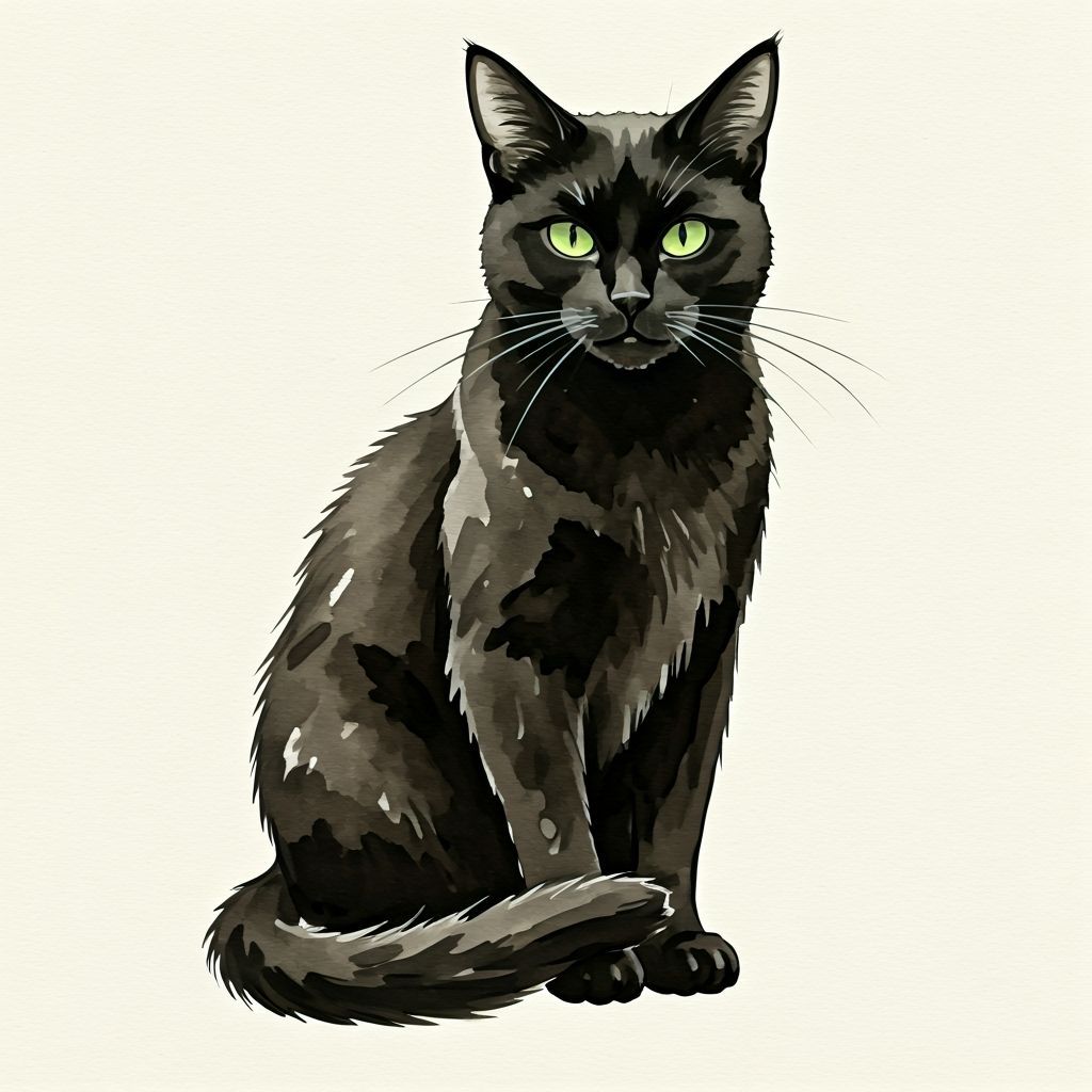 Sitting Black Cat Ink Drawing with Green Eyes