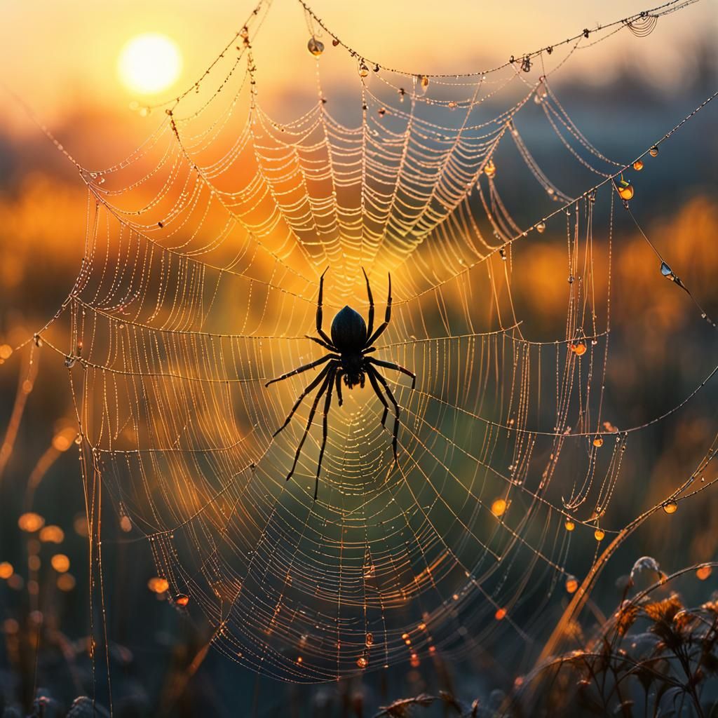 Spider on Web at Sunrise in Ethereal Watercolor Style