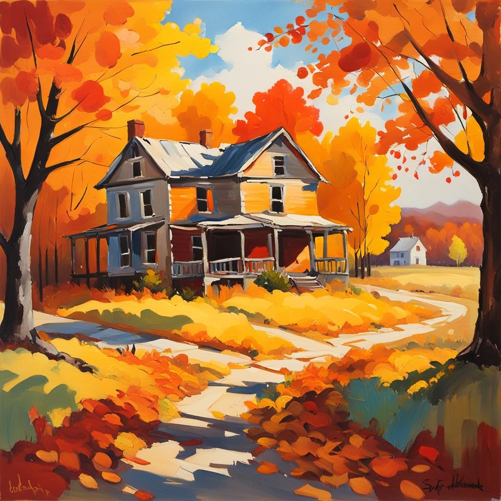 Autumnal House: An Impressionist Oil Painting