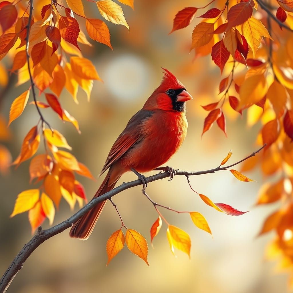 Vibrant Cardinal Amidst Autumn's Kaleidoscope