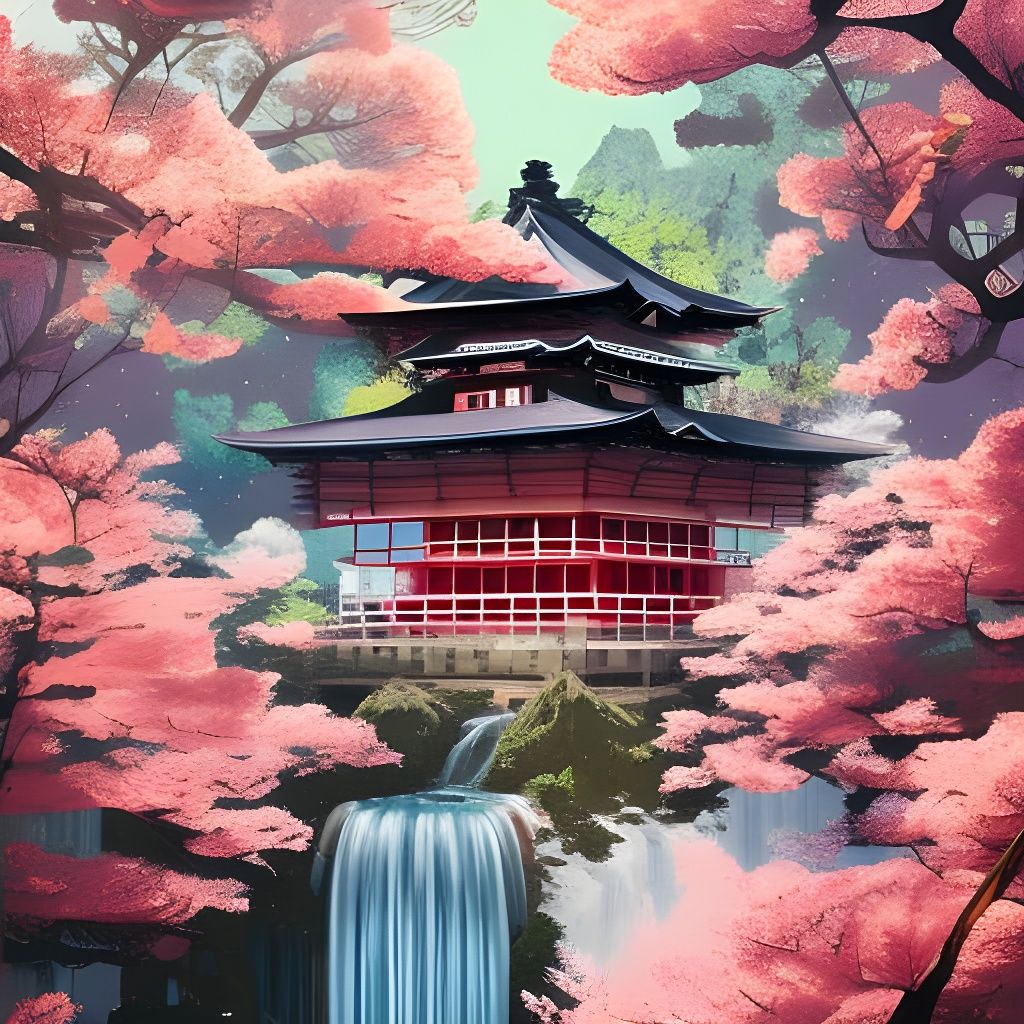 Japanese Temple on Mountain with Cherry Blossoms