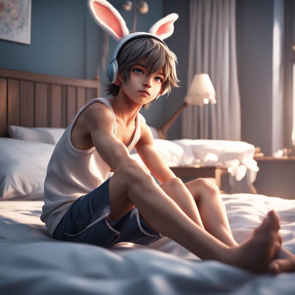 Anime Boy with Bunny Ears on Bed