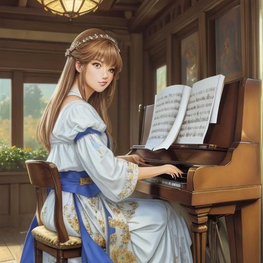Girl Playing Piano in Watercolor, Anime Style