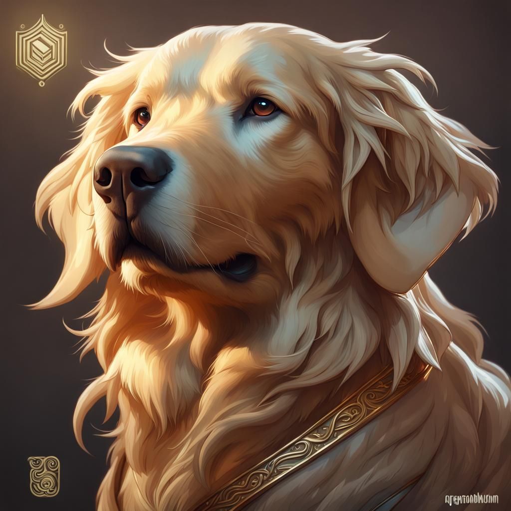 Golden Retriever Dragon Portrait in Hyperdetailed Digital Ar...