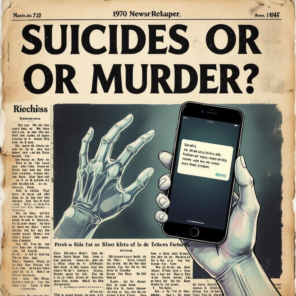 Vintage Newspaper Clipping with Ghostly Hand Holding Smartph...