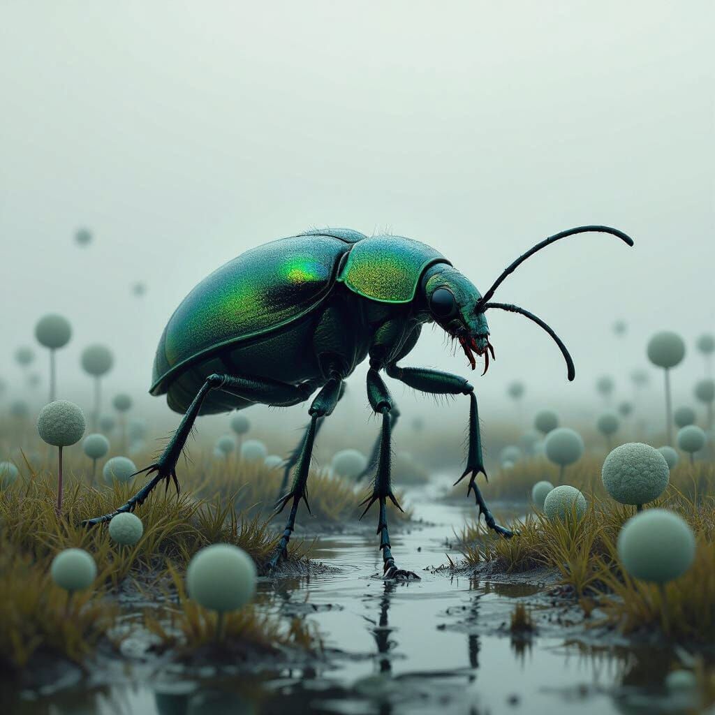 Bioluminescent Beetle Alien in Misty Marshland