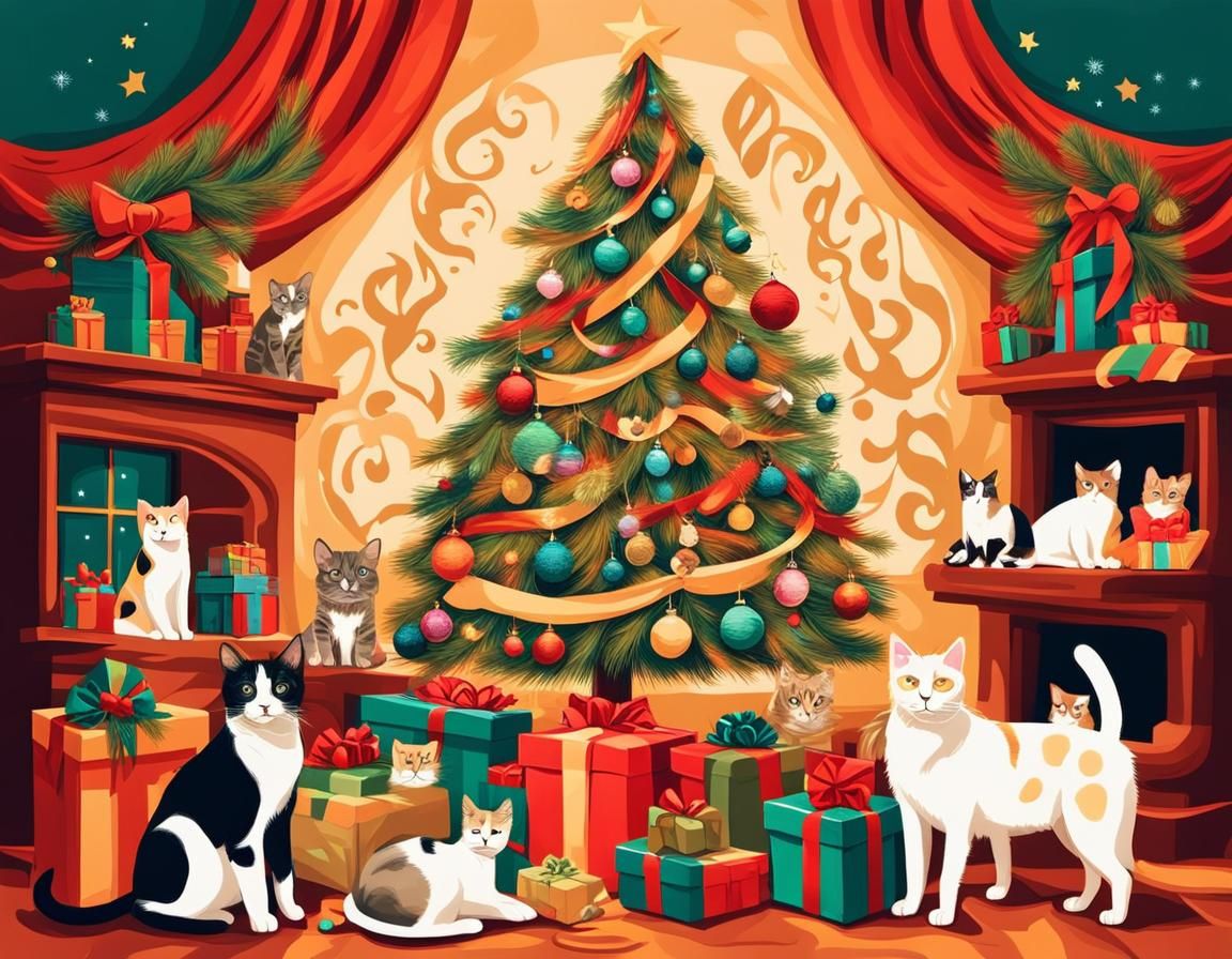 Festive Abstract Art: Pets Under the Christmas Tree