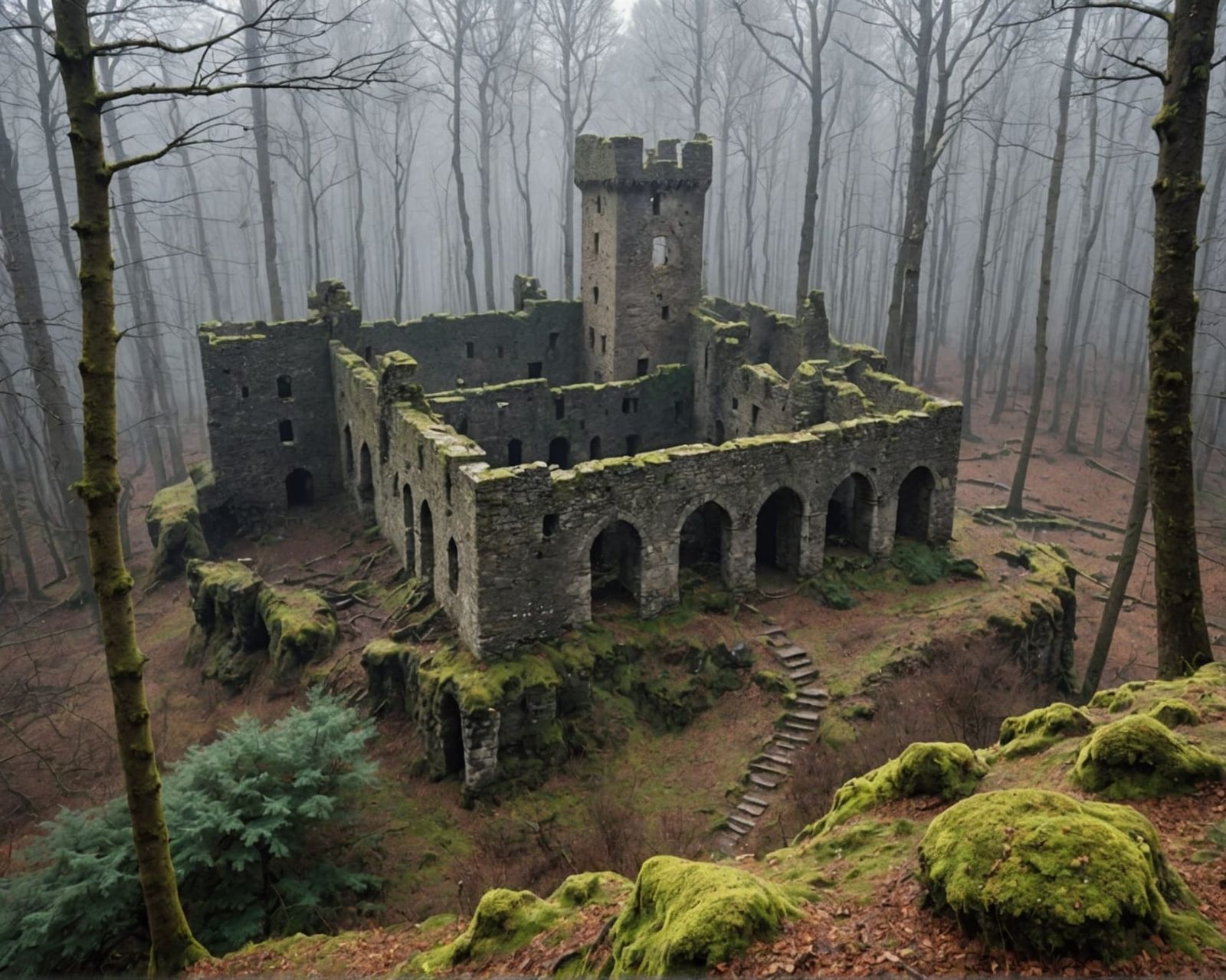 Medieval Castle Ruins in Ancient Forest