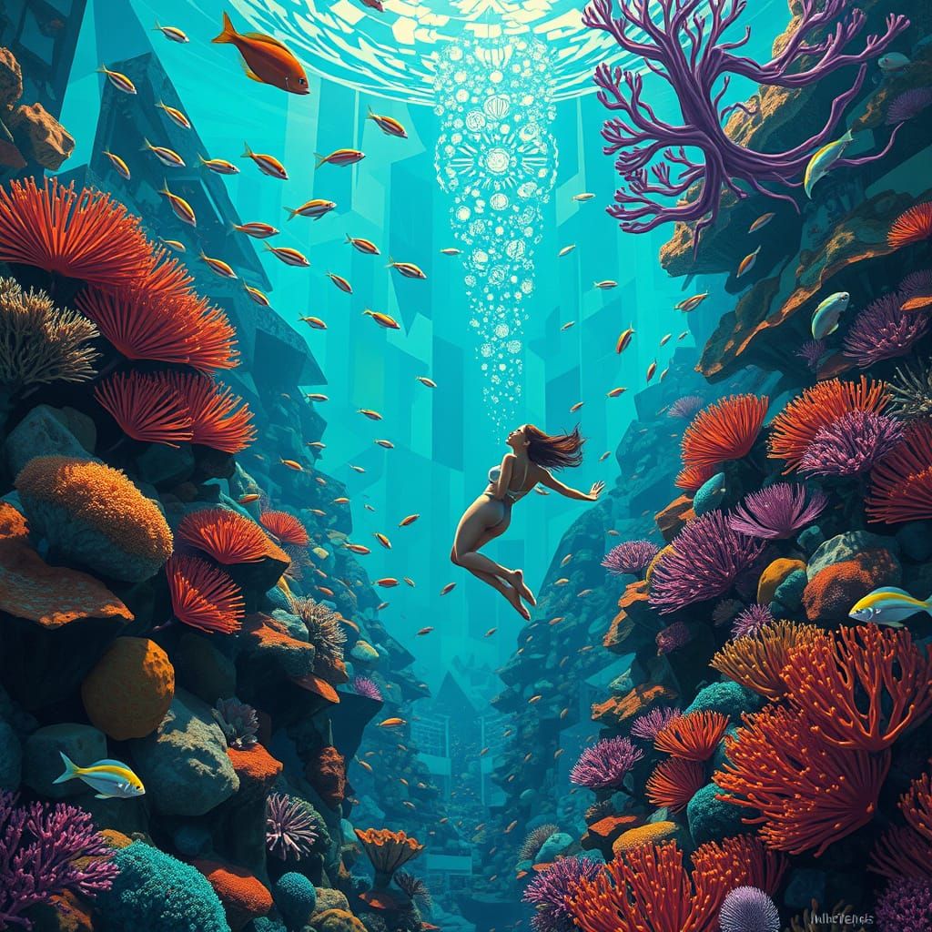 Woman in Vibrant Coral Reef Art Deco Painting