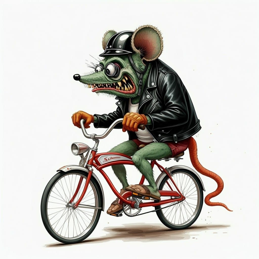 Rat Fink Monster on Schwinn Bicycle, Watercolor Illustration