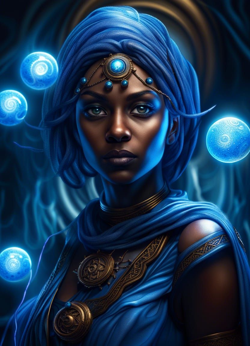 Blue Wizardess with Energy Orbs: Comic Book Art
