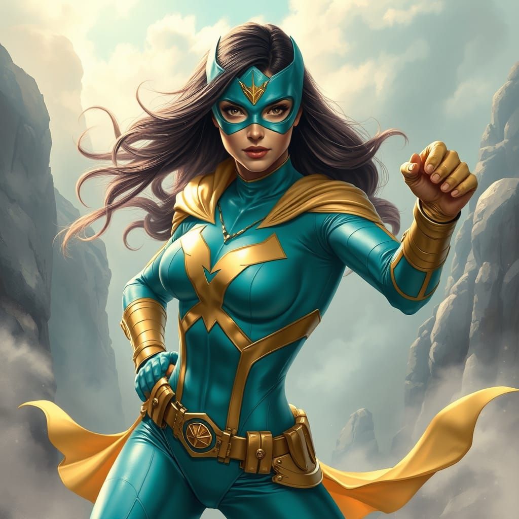 Turquoise Superhero in Ethereal Fantasy Landscape