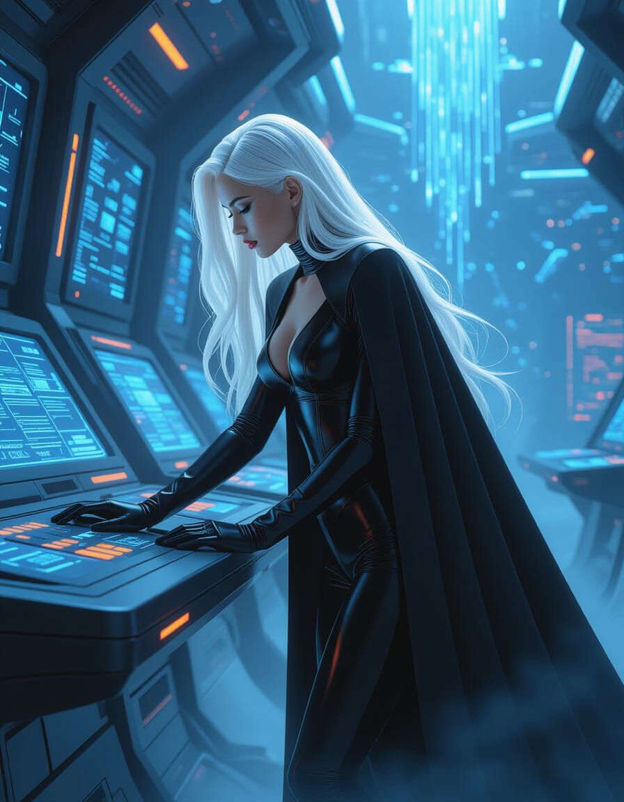 Futuristic Woman with White Hair at Control Panel