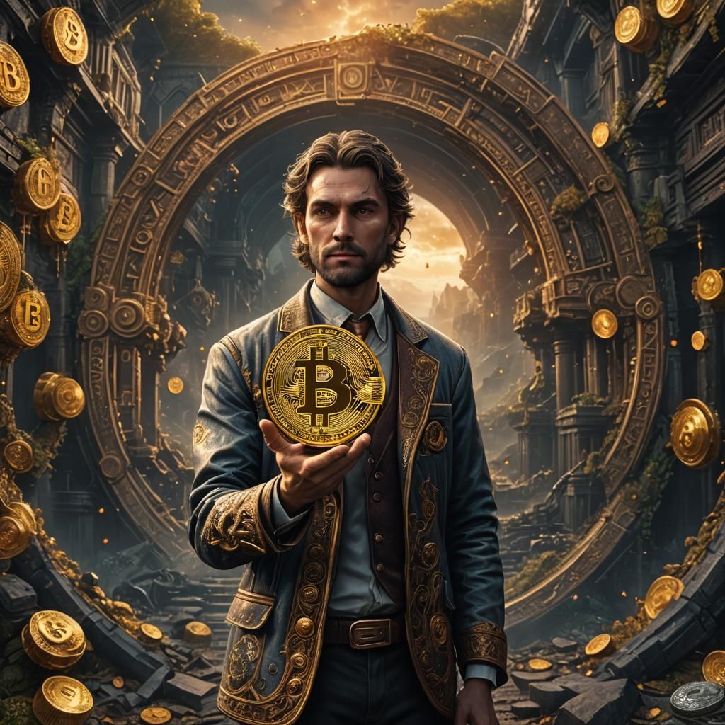 Man Holding Bitcoin: Detailed Matte Painting